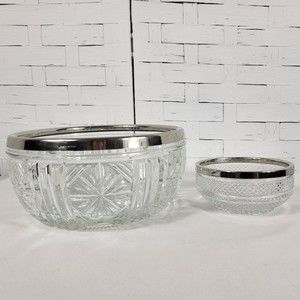 Vintage 8" Clear Cut Glass Bowl w/ Silver Plated Rim Made in England + 4" Bowl